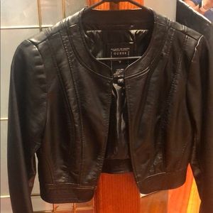 Black Guess Crop Faux Leather Moto Jacket